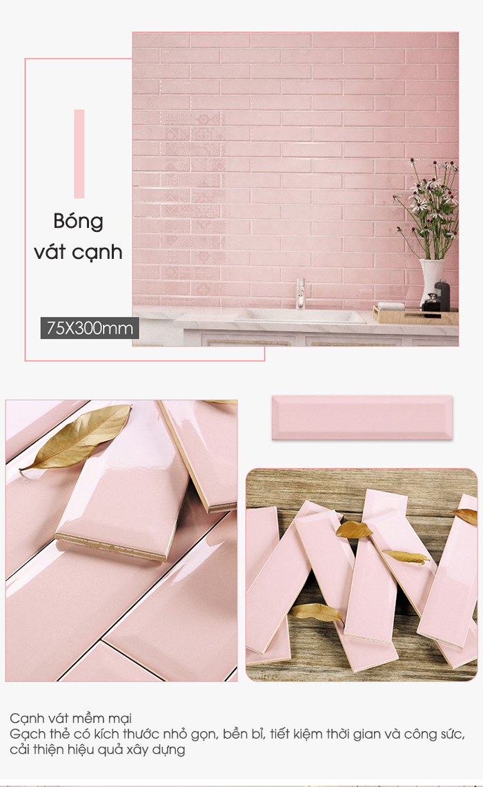 Gạch thẻ trang trí ốp tường 75x300mm màu hồng M75316H